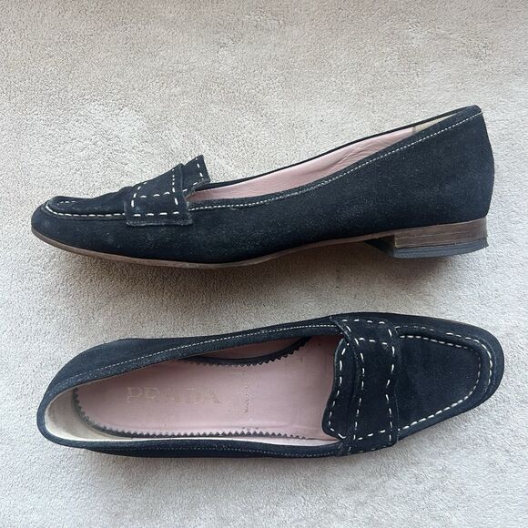 Prada Black Suede Cream White Stitching Loafer Flat Women EU 38 US 7.5-8 Classic - Picture 1 of 15